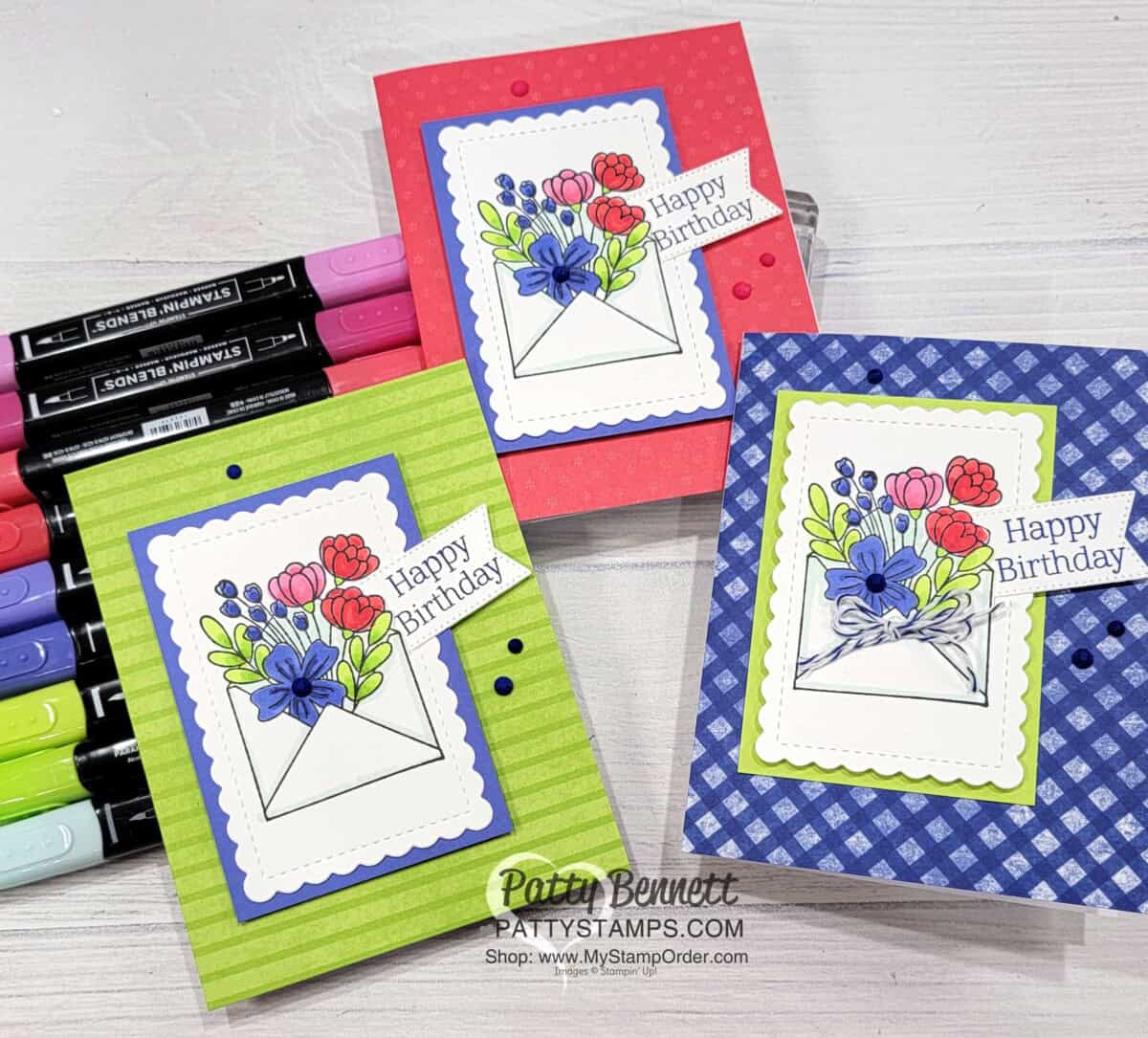 Easy birthday card made with Stampin' UP! Inspired Thoughts set and colored with Stampin' Blends markers by Patty Bennett