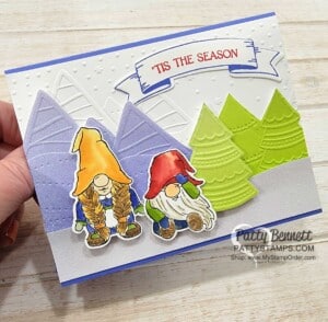 Kindest Gnomes Christmas card idea featuring Charming Landscapes and whimsical Woodland embossing folders and watercoloring techniques. by Patty Bennett