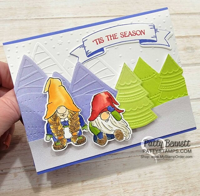 Kindest Gnomes Christmas card idea featuring Charming Landscapes and whimsical Woodland embossing folders and watercoloring techniques. by Patty Bennett