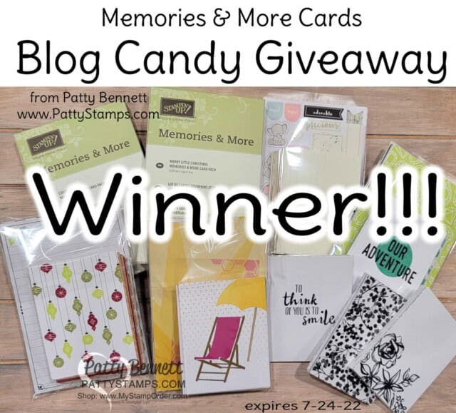 Winner of the Stampin Up! Memories & More cards blog candy giveaway from Patty Bennett www.PattyStamps.com