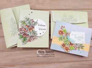 Fond of Autumn bundle colored with Stampin' Blends markers, cards featuring Sale-a-Bration cards & envelope gift.