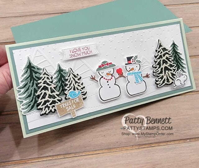 Snowman Magic Slimline card featuring Stampin' Up! Tree Lot Dies and Trees for Sale set, by Patty Bennett