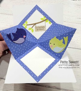 Simple Pop Up card featuring Stampin' UP! Sweet Songbird bundle, Glimmer Paper and In Colors by Patty Bennett