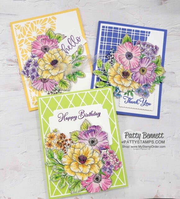 Stampin' UP! Watercolor Pencil video tutorial featuring Abigail Rose designer paper, Organic Beauty and Split Card Texture dies. video tutorial by Patty Bennett