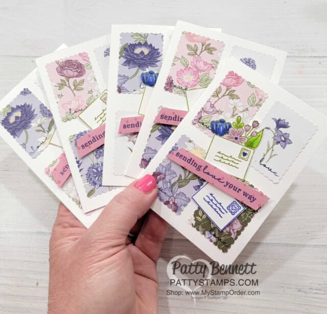 Stampin' Up! Sale-a-Bration Wonderful World designer paper note cards created with Postage Stamp Punch and Full of Love set by Patty Bennett