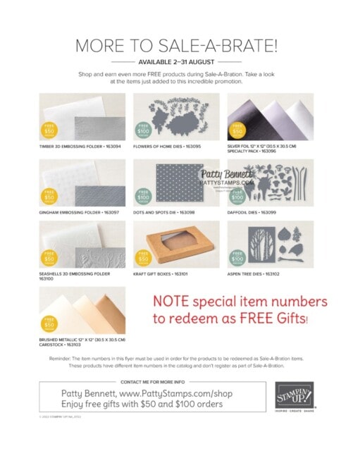 Additional Sale-a-Bration gifts August 2022 Stampin Up! shop online: www.PattyStamps.com/shop