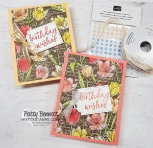 Stampin' Up! Birthday Card ideas featuring Abigail Rose tulip print designer paper and Blending Brushes by Patty Bennett