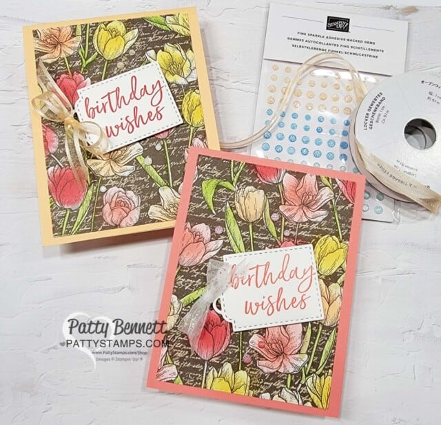 Stampin' Up! Birthday Card ideas featuring Abigail Rose tulip print designer paper and Blending Brushes by Patty Bennett