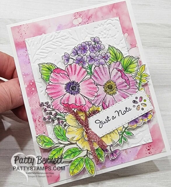 Abigail Rose floral card with Stampin' UP! Watercolor Pencils by Patty Bennett featuring Alcohol ink background technique.
