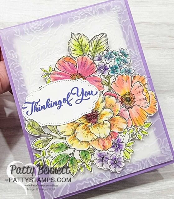 Abigail Rose floral card with Stampin' UP! Watercolor Pencils by Patty Bennett featuring Pretty Flowers embossing folder with vellum. 
