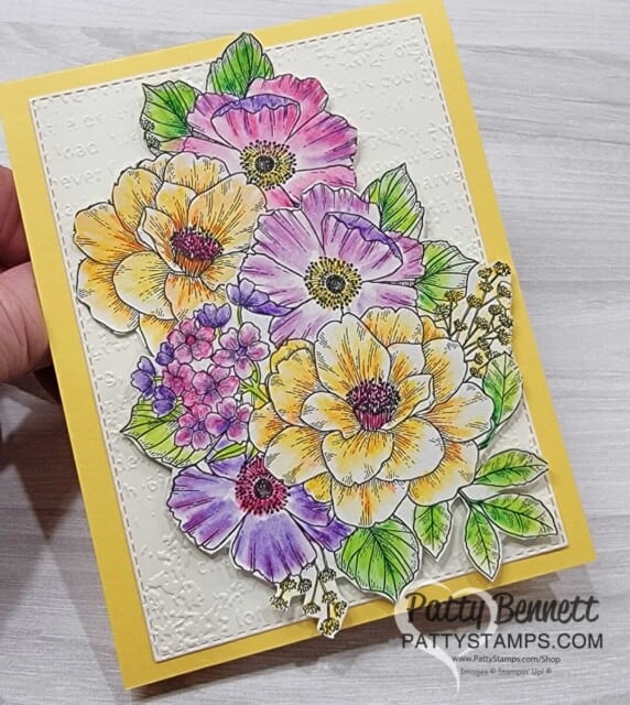 Abigail Rose floral card with Stampin' UP! Watercolor Pencils by Patty Bennett with Timeworn Type embossing folder background.