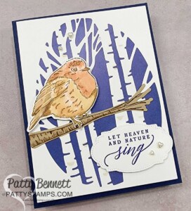 Aspen tree die card idea featuring Stampin' UP! Sun Prints designer paper and Perched in a Tree bundle by Patty Bennett