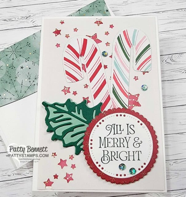 Simple Christmas note card idea featuring Stampin' UP! Boughs of Holly and Sweetest Christmas candy cane paper, by Patty Bennett