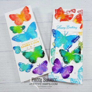 Brilliant Wings butterfly dies from Stampin' UP!. Die cut with watercolor paper and paint with reinkers. Slimline card idea by Patty Bennett