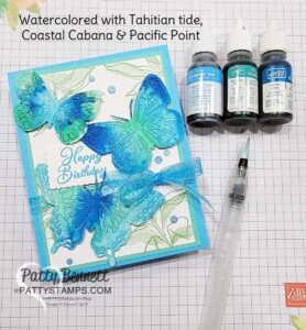 Brilliant Wings butterfly dies from Stampin' UP!. Die cut with watercolor paper and paint with reinkers. Birthday card idea by Patty Bennett