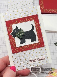 Note card featuring Stampin' Up! Christmas Scottie Bundle and Whimsical Woodland embossing folder.