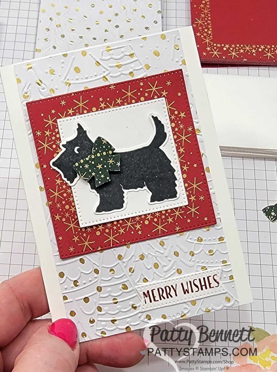 Note card featuring Stampin' Up! Christmas Scottie Bundle and Whimsical Woodland embossing folder.