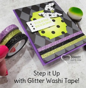 Stampin Up! Bewitching Bundle Halloween card with Glitter Washi Tape and fun witches hat punch by Patty Bennett
