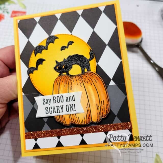 Halloween card idea featuring Stampin' UP! Scary Cute bundle cat with black glimmer paper and Hello Harvest pumpkin, by Patty Bennett