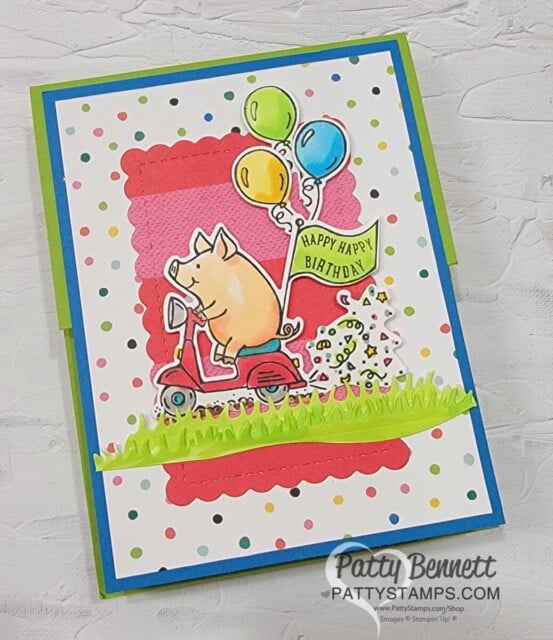 Stampin' Up! Playful Piggies dies card idea featuring Celebrate Everything designer paper - available as a Host Reward.