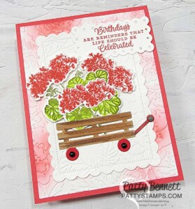 Stampin' UP! Potted Geraniums with Pretty Flowers embossing folder and wagon from Playful Piggies dies. www.PattyStamps.com