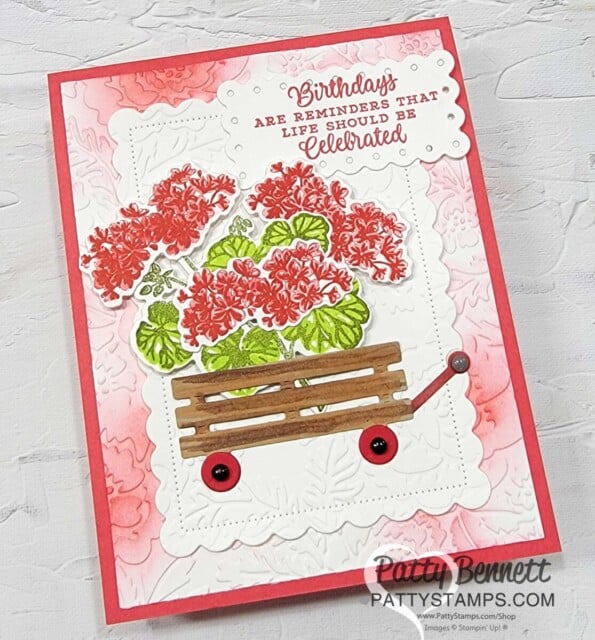 Stampin' UP! Potted Geraniums with Pretty Flowers embossing folder and wagon from Playful Piggies dies. www.PattyStamps.com