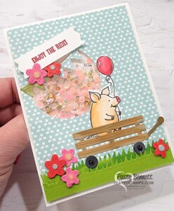 Playful Piggies dies card idea with die cut wagon, and, shaker card idea. Stampin UP! Stampin' Blends coloring by Patty Bennett