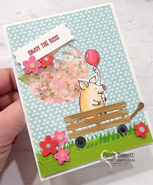 Playful Piggies dies card idea with die cut wagon, and, shaker card idea. Stampin UP! Stampin' Blends coloring by Patty Bennett