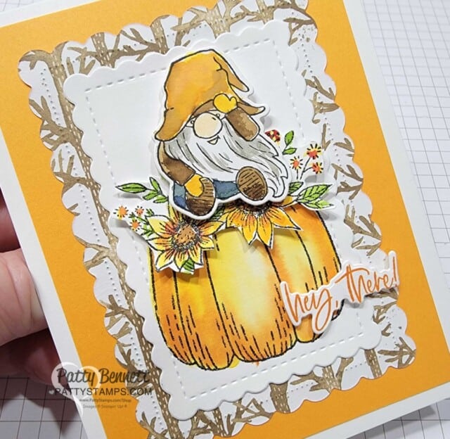 Stampin' UP! Rings of Love paper Sale-a-Bration 2022 Kindest Gnomes pumpkin fall card with Watercolor technique. www.PattyStamps.com