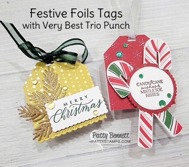 Easy Christmas Gift Tags with STampin' Up! Festive Foils paper and Very Best Trio Punch by Patty Bennett