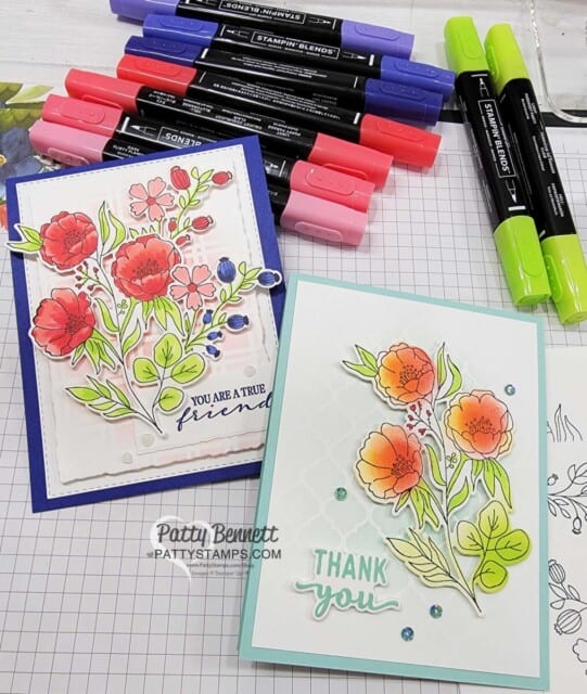 Stampin' UP! flower cards with Fresh Cut Stems dies colored with Stampin' Blends markers and Blending Brushes by Patty Bennett
