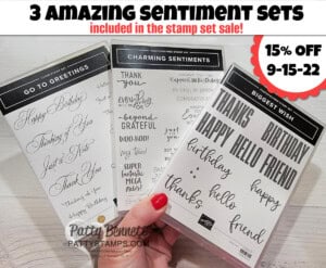 Stampin' UP! stamp set sale, 9-15-22. Save 15% on Annual Catalog stamp sets. Recommended by Patty: Sentiment sets