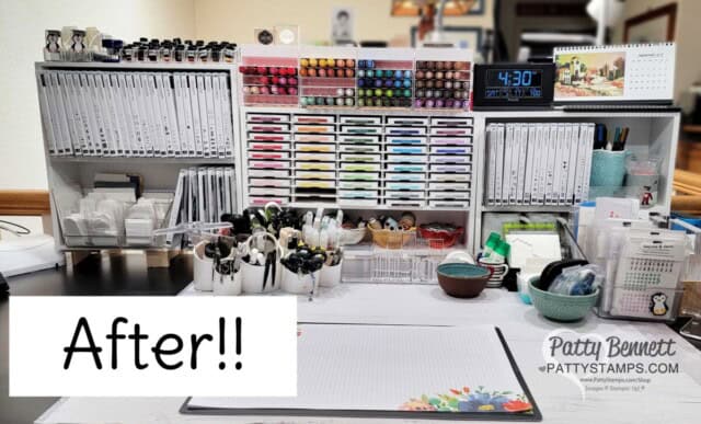 Before and After craft room redo with Stamp-n-Storage white storage units for Stampin' Up! card making supplies. www.PattyStamps.com