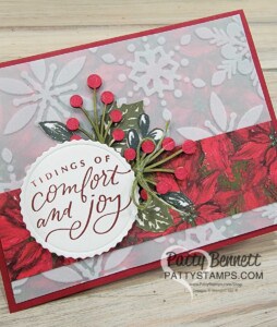 Boughs of Holly designer paper from Stampin' Up! with flocked Snowflake Vellum overlay. Christmas card idea by Patty Bennett
