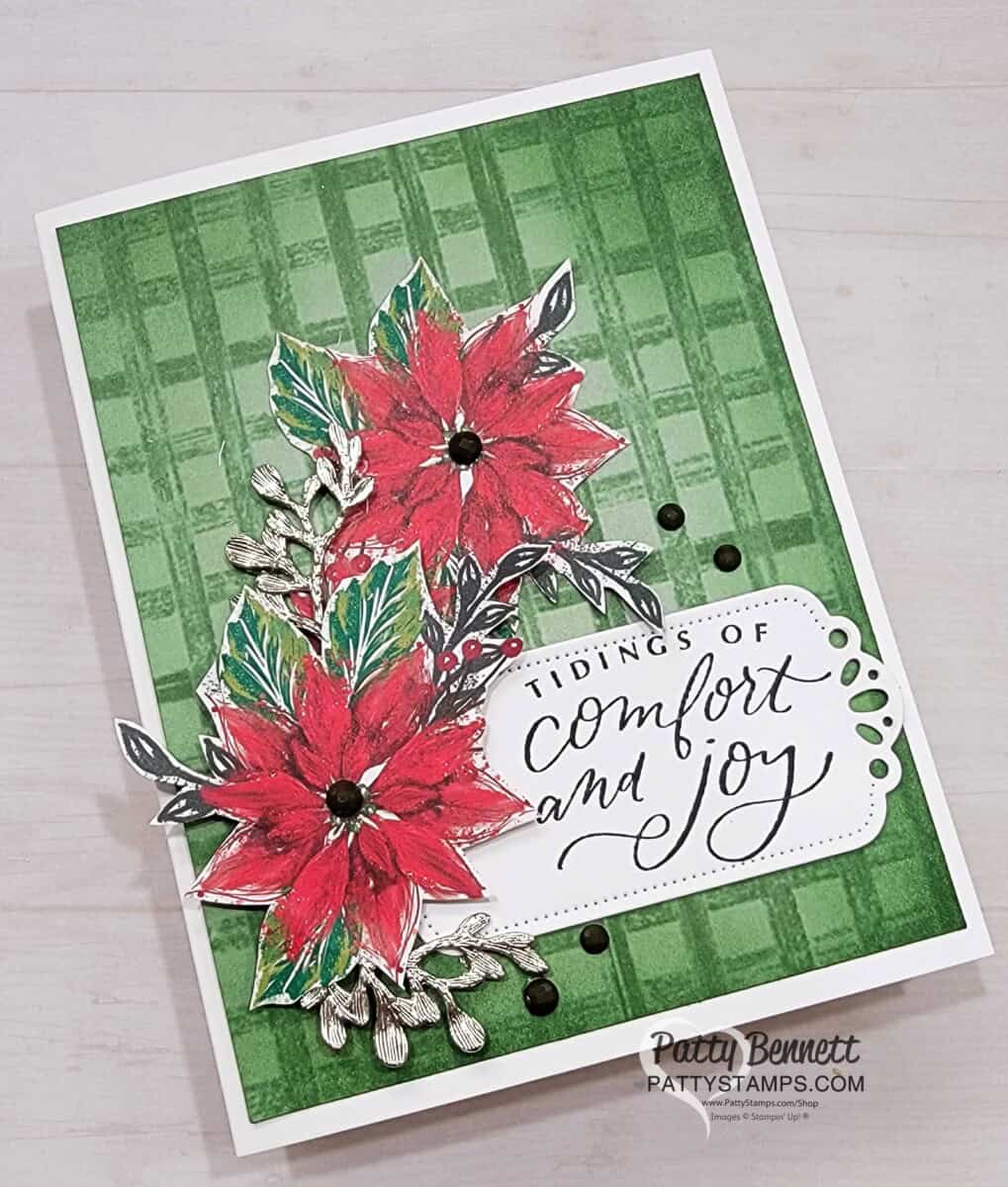 Stampin' Up! simple Poinsettia Christmas Card featuring Gingham Cottage & Boughs of Holly paper by Patty Bennett