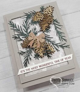 Stampin Up! Christmas card idea featuring Gray Granite "Fabulous Frame", Boughs of Holly Paper, Snowflake Vellum, and Christmas Pinecones dies. by Patty Bennett