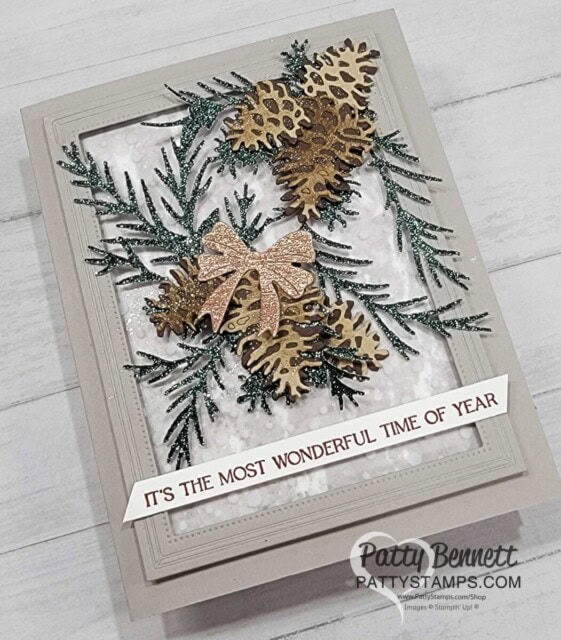 Stampin Up! Christmas card idea featuring Gray Granite "Fabulous Frame", Boughs of Holly Paper, Snowflake Vellum, and Christmas Pinecones dies. by Patty Bennett