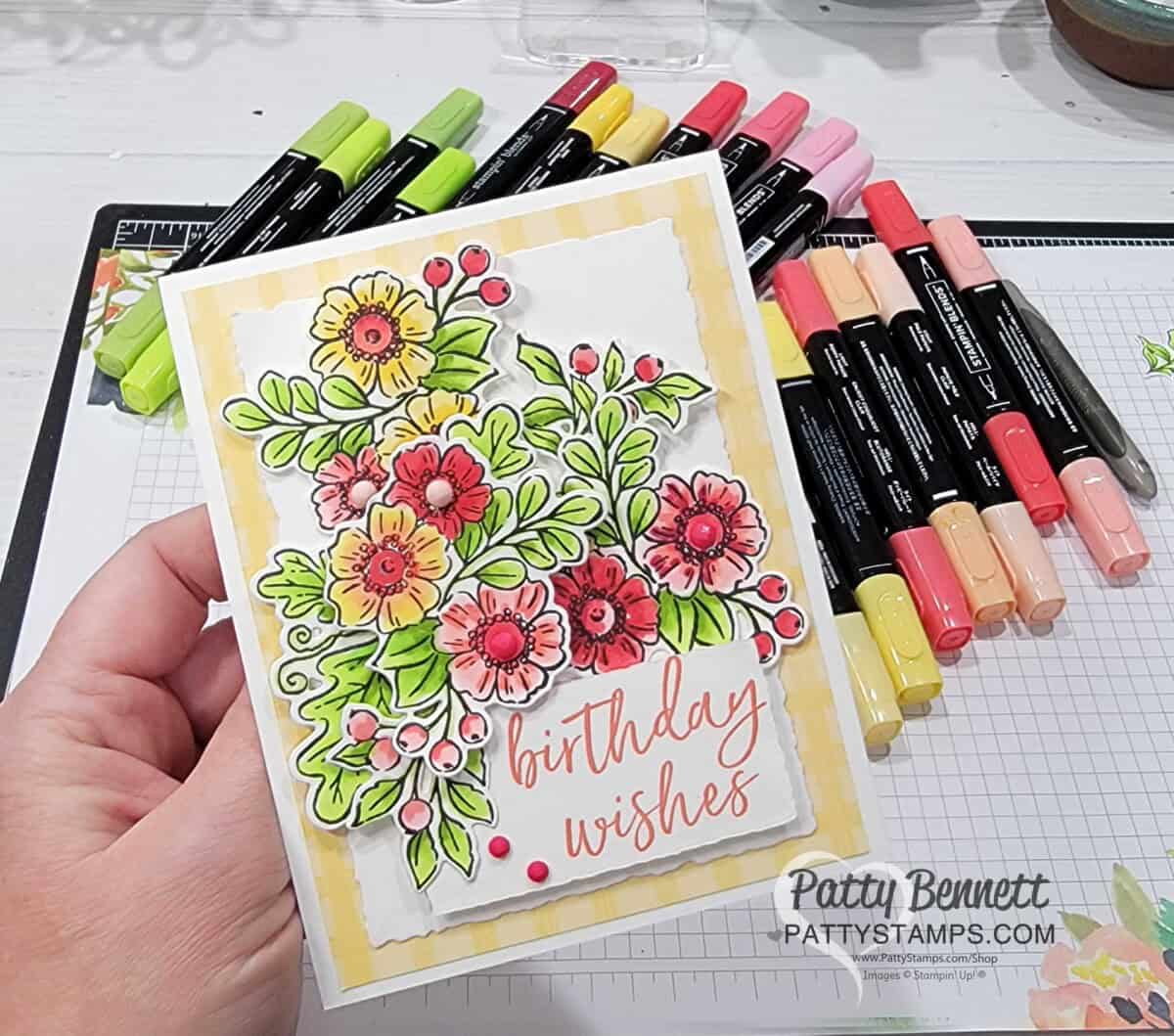 Birthday card idea featuring Stampin' Up! Fond of Autumn bundle colored with Stampin' Blends markers, by Patty Bennett