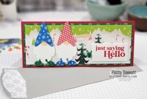 Slimline card idea featuring Kindest Gnomes bundle from Stampin' UP! - so fun to make Gnomes with designer paper, like paper dolls. Santa Express paper background.