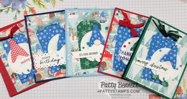 Card ideas featuring Kindest Gnomes bundle and Tailor Made Tag dies from Stampin' UP! - so fun to make Gnomes with designer paper, like paper dolls.