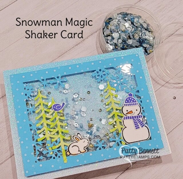 Stampin' Up! Shaker Card for Christmas with Snowman Magic bundle and In Color Glimmer Paper. by Patty Bennett