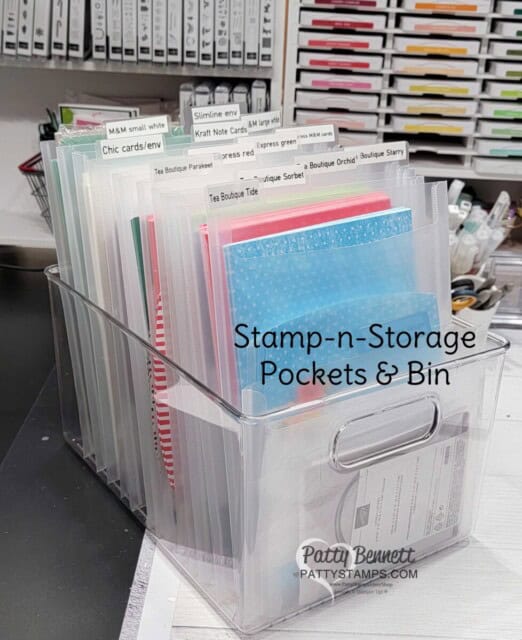 Craft Room Organizing Tip for Stampin UP! card bases and paper crafting supplies, by Patty Bennett Stamp-n-Storage pockets and plastic bin.