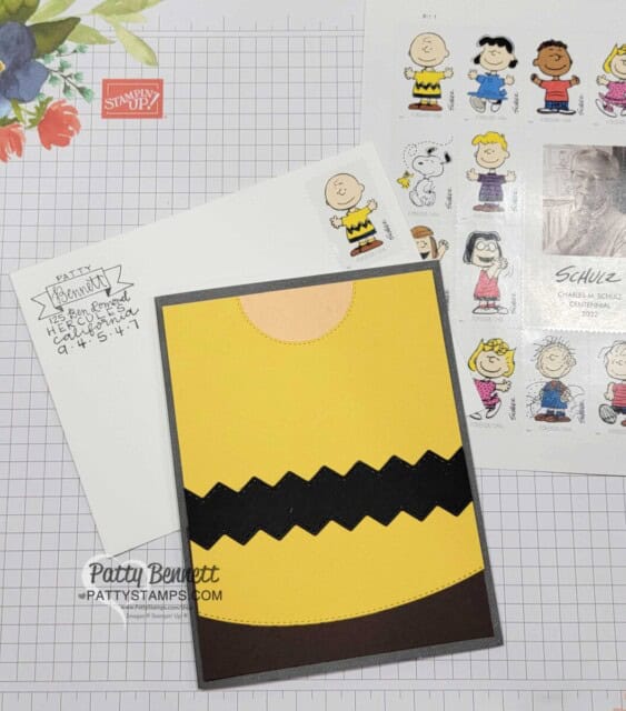 Charlie Brown card paper piecing, inspired by postage stamps, featuring Stampin' Up! Basic Borders dies, by Patty Bennett