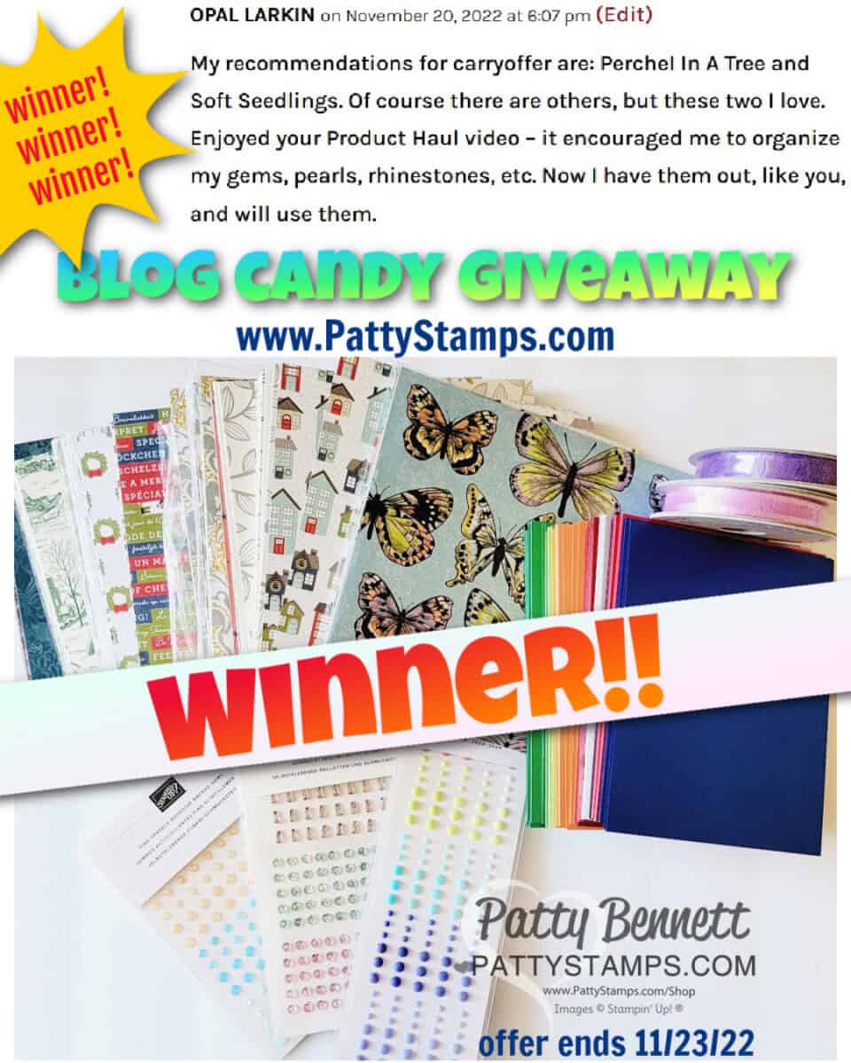 Stampin UP! Blog Candy Winner on PattyStamps.com