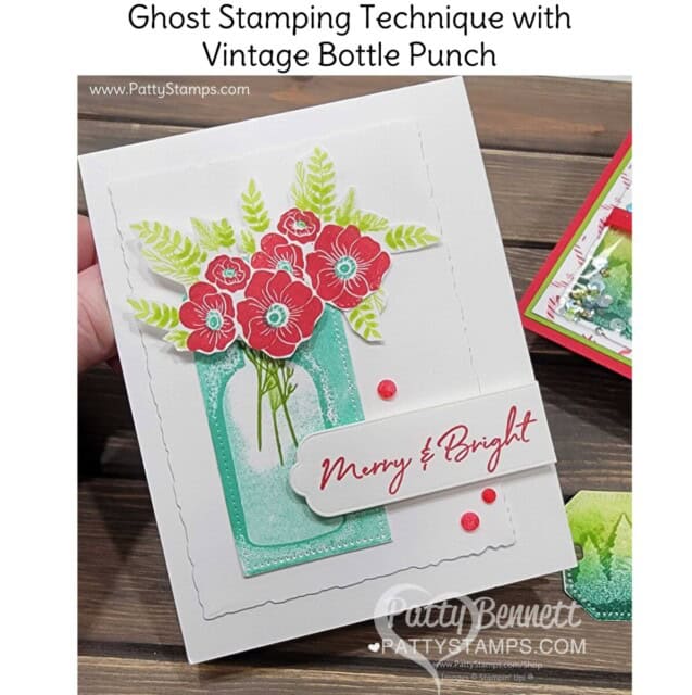 Ghost Stamping technique using Stampin UP! punches, Watercolor Shapes set and ink pads. Card featuring Vintage Christmas set and Bottle punch.