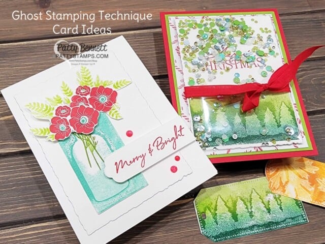 Ghost Stamping technique using Stampin UP! punches, Watercolor Shapes set and ink pads. Card featuring Vintage Christmas set and Bottle punch. 