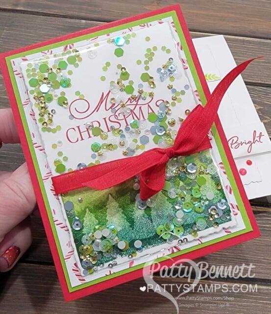 Ghost Stamping technique using Stampin UP! punches, Watercolor Shapes set and ink pads. Faux Shaker Card featuring Evergreen Border punch with trees.