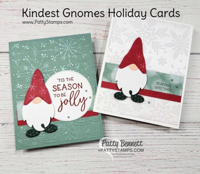 Stampin' UP! Kindest Gnomes holiday card ideas featuring the Snowflake Vellum and Lights Aglow designer paper, by Patty Bennett