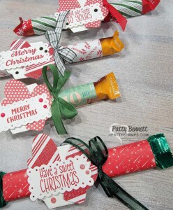 Lindor Christmas candy bars wrapped with Stampin' Up! designer paper by Patty Bennett