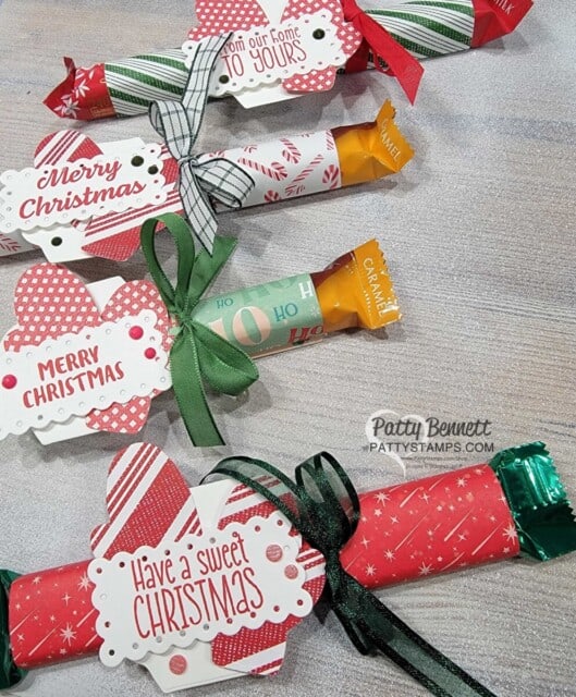 Lindor Christmas candy bars wrapped with Stampin' Up! designer paper by Patty Bennett